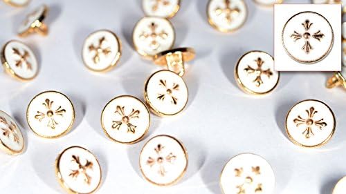 Set of 12 Die Cast Metal Alloy Shirt/Blouse Buttons (FL881-01-GOLDWHITE) White Enamel on Gold Cross (ø10.5mm in Diameter)
