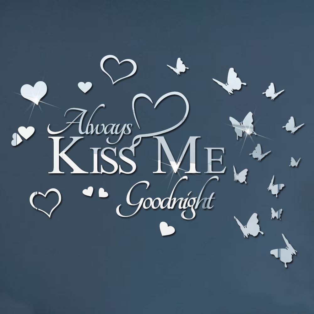 DIY Mirror Butterfly Wall Sticker Always KISS ME Goodnight Quotes Wall Decal, VAZZOLA 3D Butterflies Heart Acrylic Décor Art Murals Home Decoration for Living Room Office Bathroom (Silver) (s01)