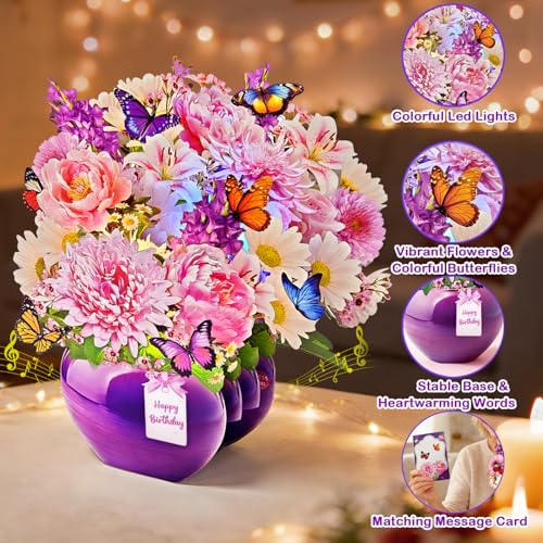 Pop Up Birthday Cards for Women with Birthday Music & Lights, Peony & Gerbera Flower Bouquet with Butterflies Design, 10 Inch Birthday Greeting Card for Mum, Wife, Sisters, Bonus Envelope & Note Card