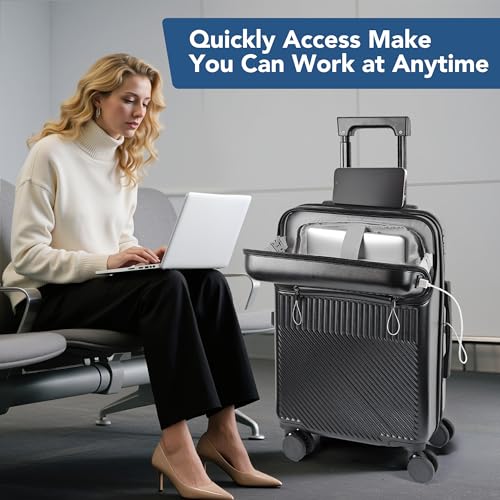 Carry On Luggage, 20 Inch Hardside Luggage, Carry On Suitcase with Front Open Laptop Compartment and Pocket, with Combination Lock, 4 Spinner Wheels, Cup Holder, USB Port, Hook (a-White)