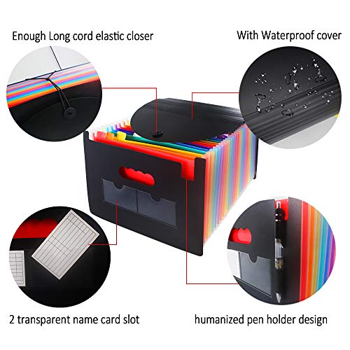 24 Pockets Expanding File Folder with Cover,Rainbow Expanding and Self-Stand Accordion Large Capacity Expanding Wallets,A4 Document Organizer with Elastic Cord Include Tags and Label