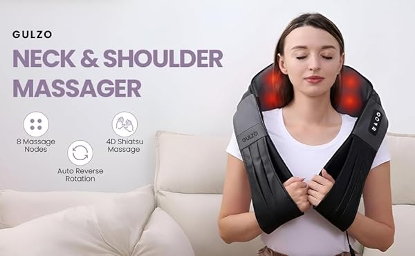 GULZO 4D SHIATSU NECK AND SHOULDER MASSAGER WITH HEAT, DEEP TISSUE BACK AND NECK MASSAGER FOR PAIN RELIEF, ECO-FRIENDLY PORTABLE MASSAGE PILLOW FOR HOME OFFICE CAR, RELAXING GIFT FOR MEN AND WOMEN