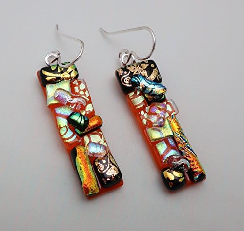 Crazy quilt patchwork orange fused dichroic glass dangle earrings Sterling Silver ear wires