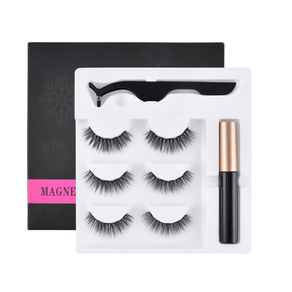 Ownest Magnetic Eyelashes Eyeliner Kit With Tweezers, 3 Pair Natural & reusable Fluffy Soft Eyelashes With Waterproof Magnetic Liquid Eyeliner Set-015
