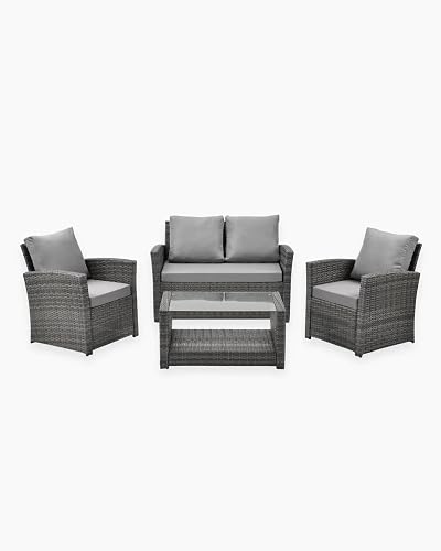 EVRE Roma 4 Seater Rattan Garden Furniture Set Grey with Glass Table