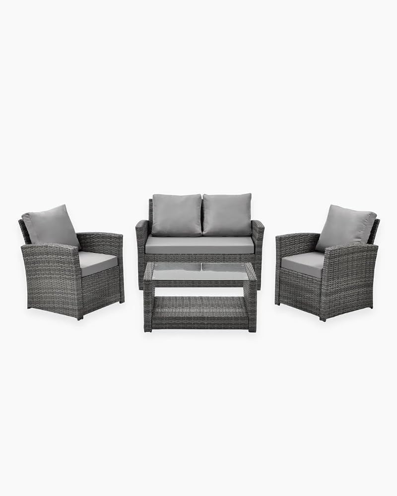 EVRE Roma 4 Seater Rattan Garden Furniture Set Grey with Glass Table