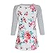 XUANOU Women Casual Floral Printed Splice Stripe Pullover Blouse Tops T Shirt (Large) White