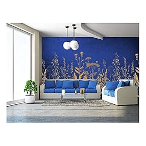 Large Wall Mural - Golden Flowers on Blue Background | Self-Adhesive Vinyl Wallpaper/Removable Modern Wall Decor - 66x96 inches