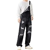 Rexcyril Men's Denim Bib Overalls Ripped Distressed Baggy Fashion Jeans Loose Fit Lightweight Hippie Jumpsuit