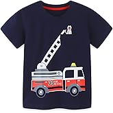 Warmbaby Toddler Boys Shirts Kids Short Sleeve T Shirts Fire Truck Navy