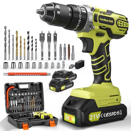 VIWKO 21V Battery Hammer Drill, 25+3 Adjustment Cordless Hammer Drill, 45NM Drill Driver Battery, 2x2.0Ah Batteries, 2 Speed, 10 mm Metal Drill Chuck, 29 Accessories, LED