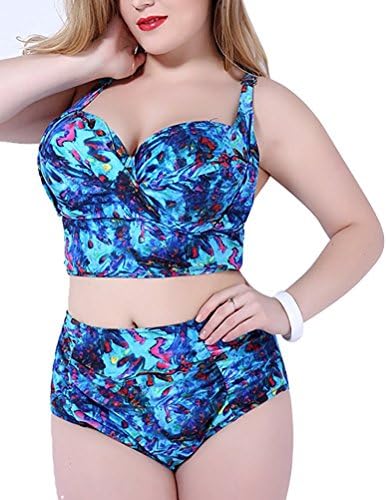 KDHJJOLY Soft Women's Plus Retro Vintage Print Mid Waist 2 Pieces Bikini Swimsuit Blue US 10-12 Hot