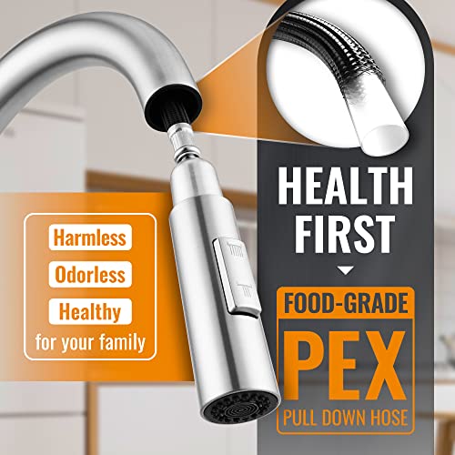 APPASO Grifo de cocina con rociador extraíble de níquel cepillado, grifo monomando de cuello de cisne moderno para fregadero con placa opcional de acero inoxidable