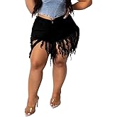 PINSV Women's Plus Size Fringe Denim Shorts Tassels Jean Short Pants