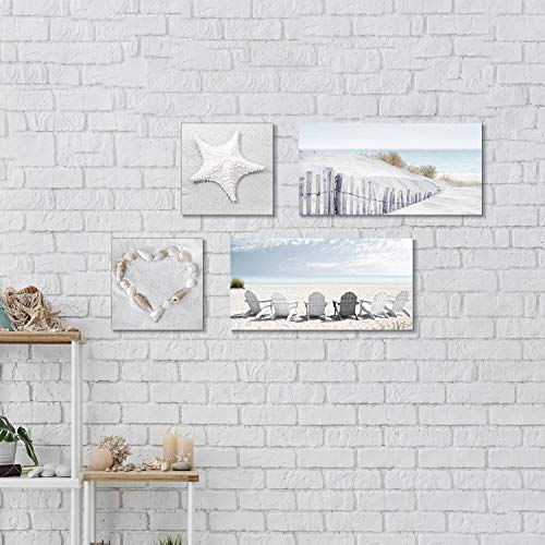 Beach Wall Art Seascape Print: Starfish & Chair on Seaside Giclee Artwork Painting on Canvas for Wall Decor(Overall 36"W x 24"H)