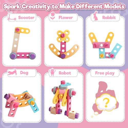Kids Tool Set Wooden Toys for 3 Year Old Girls, 47 PCS Montessori Toys with Toy Drill & Tool Box & Apron, Pretend Play Educational Building Construction Toys for 3 4 5 Year Old Girls Gifts