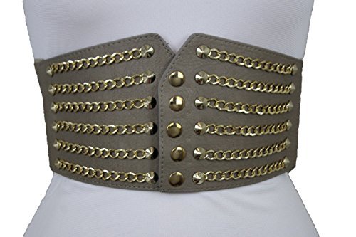 TFJ Women Fashion Corset Belt Wide Waist Gray Faux Leather S M Gold Chains