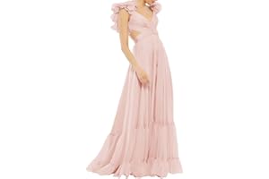 Lawrncedw Chiffon Ruffle Prom Dresses for Women V Neck Long Bridesmaid Dresses Backless Formal Evening Gowns A Line