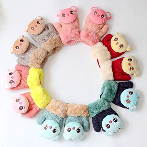 Pausseo Toddler Baby Thicken Girls Boys Cartoon Finger Warm Knitted Gloves Solid Color Touchscreen Mittens Fleece Thicken Plush Outdoor Mittens Students Knitted Wool Casual Play Snow Gift Glove - Thumbnail 2