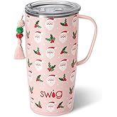 Swig Life 22oz Travel Mug, Insulated Tumbler with Handle and Lid, Cup Holder Friendly, Dishwasher Safe, Stainless Steel, Travel Coffee Cup, Insulated Mug with Lid (Holly Jolly)