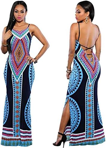 AYDOG Summer Women Sexy Spaghetti Strap Backless Bohemian Floral Print Long Maxi Dress
