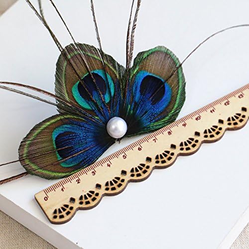 RUNHENG Handmade Feather Peacock Hair clip, Natural Feather Fascinator Barrette with White Pearl - Image 3