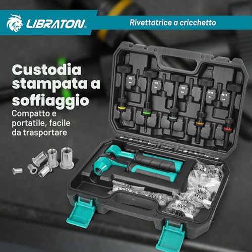 LIBRATON Riveter for Threaded Inserts, Hand Riveter Threaded Inserts, Ratchet Threaded Riveter, Pliers Threaded Riveter with 5 Metric Spindles, 5 Nozzles, 50 Rivets Nuts, Box