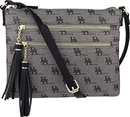 B BRENTANO Vegan Multi-Zipper Crossbody Handbag Purse with Tassel Accents (BB Black)