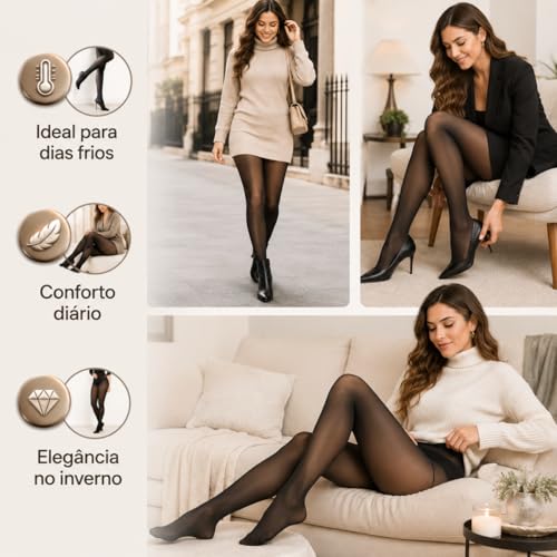 Meia Calça Térmica Feminina Translúcida Forrada Pelinho Preta Tamanho Único 36 ao 44 Interior Aveludado Efeito Meia Fina Forro Pelúcia Poliéster Elastano Para Inverno