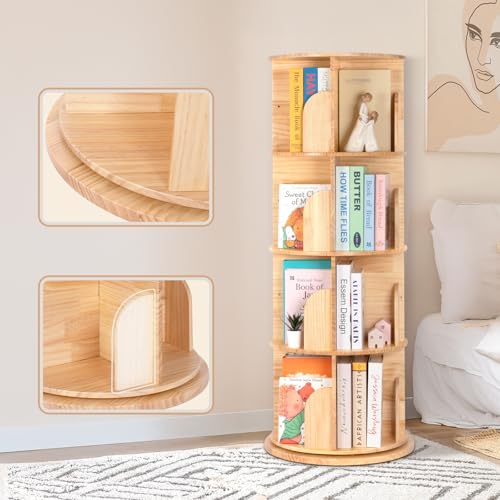 OOOK Solid Wood Rotating Bookcase, 360 Degree Rotating Bookcase with 4 Tiers, Multifunctional Narrow Wood Adult Bookcase, Storage Cabinet for Living Room