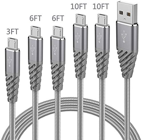 Micro USB Cable Bynccea 5 Pack 3FT 6FT 6FT 10FT 10FT High Speed Android Cell Phone Charger Cord Extra Long Nylon Braided Cords Compatible Samsung LG HTC Motorola Kindle BlackBerry Nexus Xbox PS4 Grey