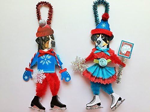 Greater Swiss Mountain Dog ICE SKATER Christmas ornaments holiday dog ornaments vintage style chenille ORNAMENTS set of 2