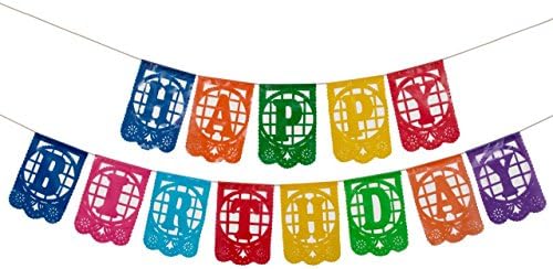 Plastic Mexican Papel Picado Banner Happy Birthday Design And