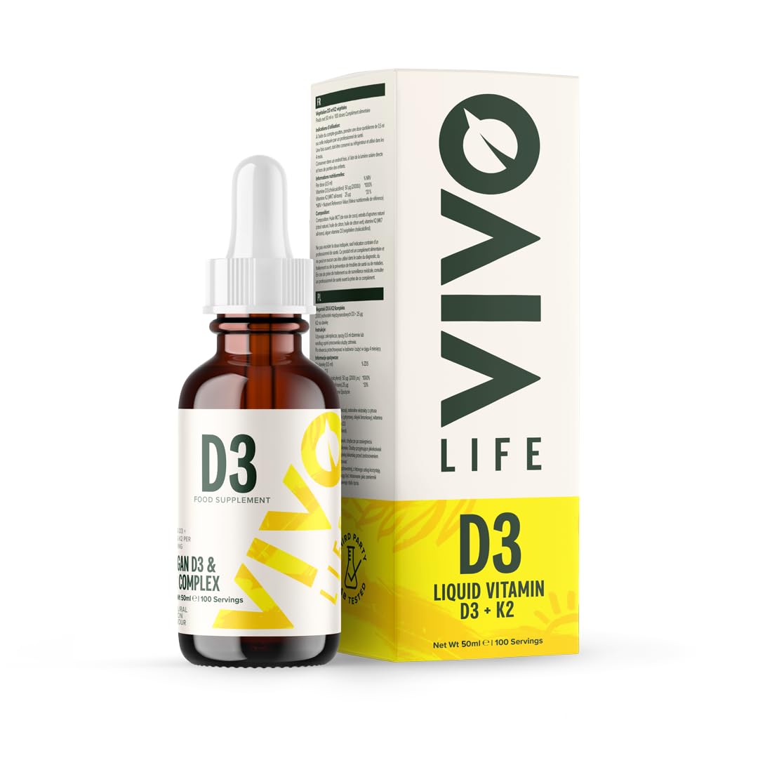 Vivo life - Vitamin D3 K2, 50ml Liquid Complex Drops, 2000iu of D3, Vegan Health Supplement for Men and Women, 100 Servings