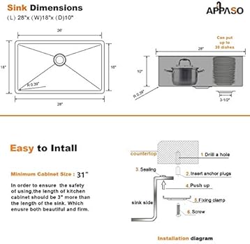 Appaso Silent Pro Single Bowl Kitchen Sink Undermount 16 Gauge Stainless Steel 10 Inch Deep Commercial Handmade Large Drop In Kitchen Sink 28 Inch 28 X 18 X 10 Buy Online At Best Price In Uae