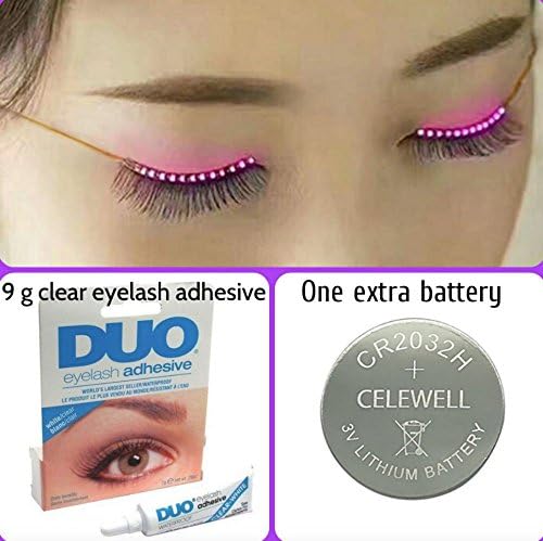 LED Eyelashes Flashing False Eyeliner | Plus Duo Clear Eye Lash Glue Adhesive and Extra Battery (White)