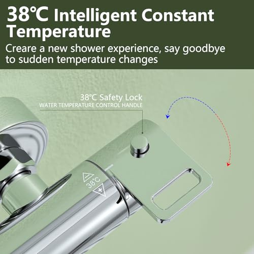 DelnVior Thermostatic Shower System Stainless Steel 12" Square Rain Shower Head Hand Shower Single Spray Mode Shower Faucet Complete Set Height Adjustable with Anti-Scald Protection Water Saving