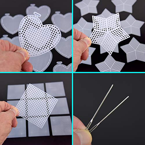 32 Piece Needlepoint Canvas Kit - 3" Plastic Canvas (10 Each of Heart, Star and Square) with 2 Plastic Canvas Needlepoint Needles