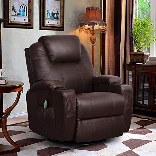 Windaze Manual Recliner Rocker Chair, 360 Degree Swivel Heated Recliner Bonded Leather Sofa Chair with Motors Massage,Brown