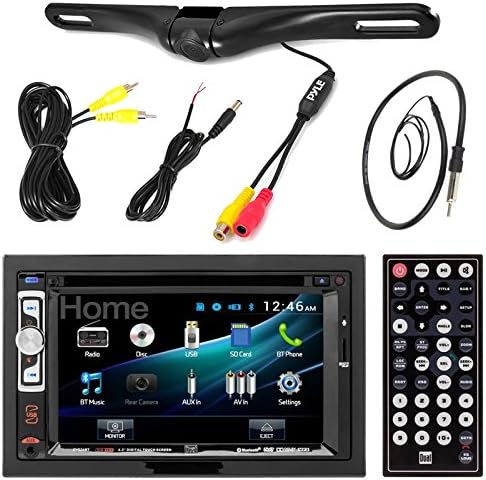 Dual DV526BT 6.2" Inch Touchscreen Double-DIN CD DVD Player Car Stereo Receiver Bundle Combo With License Plate Mount Rear View Colored Backup Parking Camera, Enrock 22" AM/FM Radio Antenna