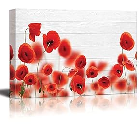 Red Poppy Field Over White Wood Panels - Canvas Art Home Art - 12x18 inches