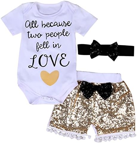 Baby Girls "Love" Bodysuits + Gold Sequins Tassels Shorts Pants Outfit with Headband 0-6 Years
