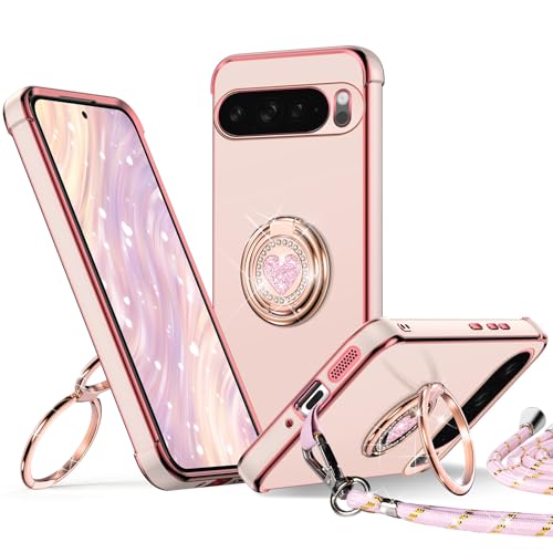 XYZ for Google Pixel 9 Pro XL Case with Stand, Luxury Bling Cute Heart Lanyard Protective Phone Case for Google Pixel 9 Pro XL, Pink