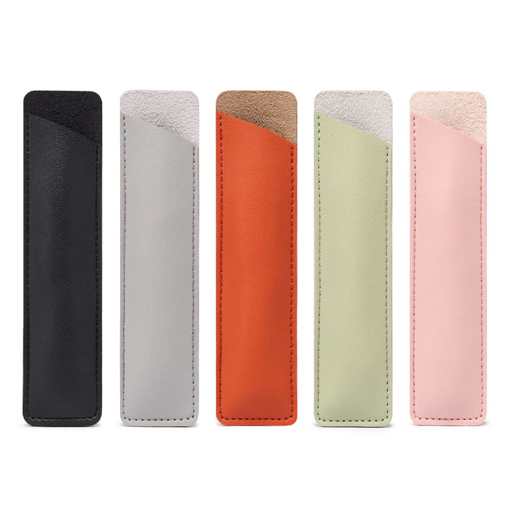 Fatiya Set of 5 PU Leather Pen Case Holder for Single, Vintage Handmade Fountain Pen Pouch, Protective Sleeve Cover for Pencil, Ballpoint Pen (Black, Green, Pink, Gray, Orange)