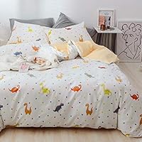 LAYENJOY Dinosaur Duvet Cover Set Queen, 100% Cotton Bedding, Cute Dinosaur and Footprint Pattern Printed on White Reversible Yellow, 1 Comforter Cover Full and 2 Pillowcases for Kids Teens Boys Girls