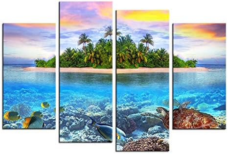 Sea Charm- Amazing Tropical Island Landscape Picture Canvas Print Art,4 Pieces Fish and Turtle Canvas Art for Living Room Decor,Framed and Ready to Hang