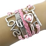 Womens Handmade Leather Rope Infinity Multilayer LOVE Cuff Braided Wristband Bracelet Adjustable Pink