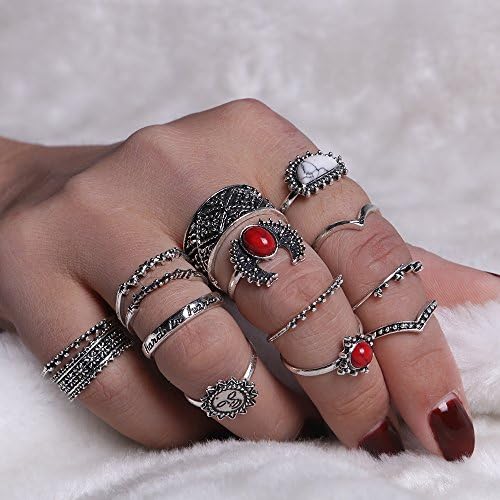 1 set of 14pcs Vintage Women's Turquoise Rings Set Alloy European and American Bohemian Style (Style 1)