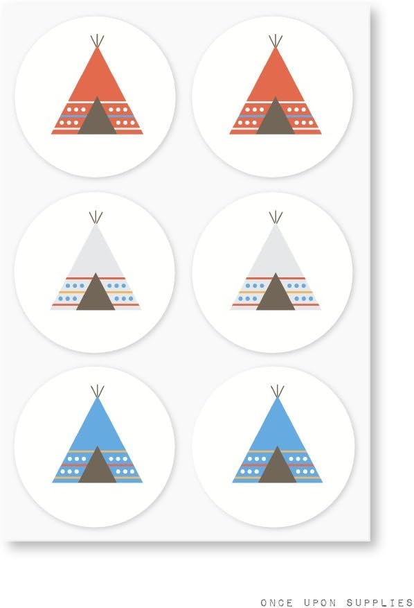Southwestern Tribal Teepee Stickers Round Labels Favor Seals Cupcake Toppers by Once Upon Supplies, Tribal Birthday Party Supplies, 1.5 Inches, 60 Pcs