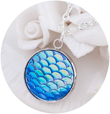 Best Wing Jewelry "Iridescent Blue AB Mermaid / Fish / Dragon Scale" Cabochon Pendant Necklace